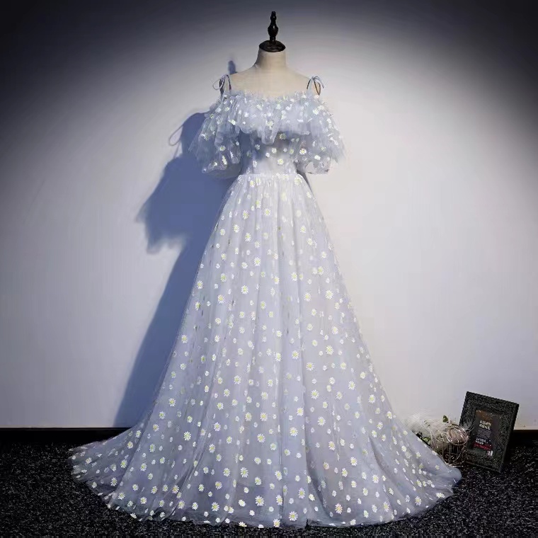 Spaghetti Strap Prom Dress, Fairy Evening Dress,light Blue Party Dress,little Daisy-embroidered Dress,handmade
