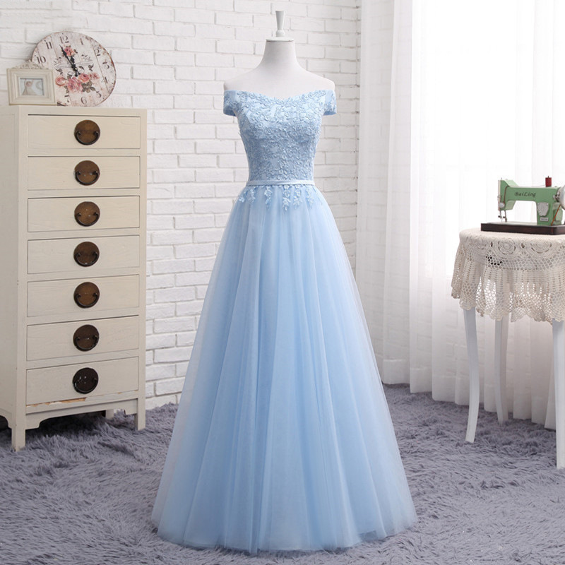 Light Blue Evening Dress, Off Shoulder Prom Dress, Elegant Formal Dress,handmade