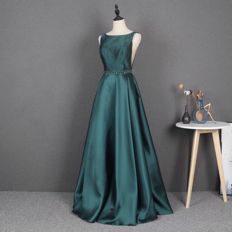Green Evening Dress,satin Evening Dress,o-neck Prom Dress,elegant Formal Dress,handmade