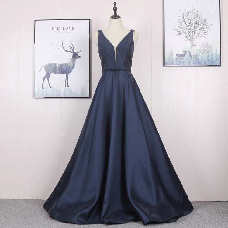 Navy Blue Evening Dress,satin Evening Dress,v-neck Prom Dress,elegant Formal Dress,handmade