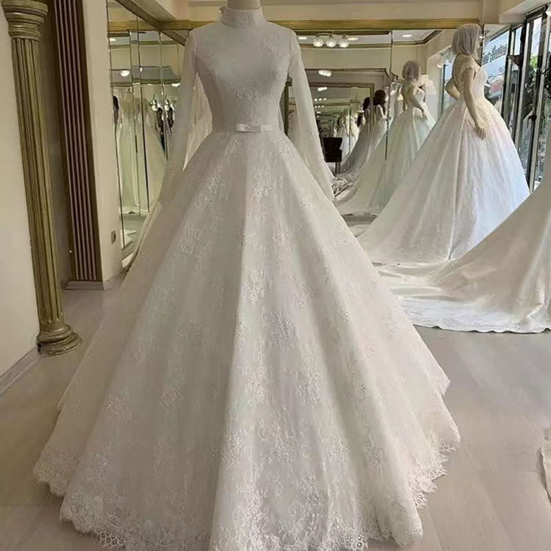 Long Sleeve Wedding Dress, White Floor Shag Bridal Dress, Lace Muslim Wedding Dress,handmade