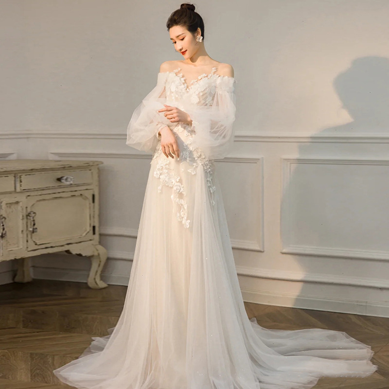 Long Sleeve Wedding Dress, White Wedding Dress, Ligth Tulle Bridal Dress,fairy Wedding Dress ,handmade