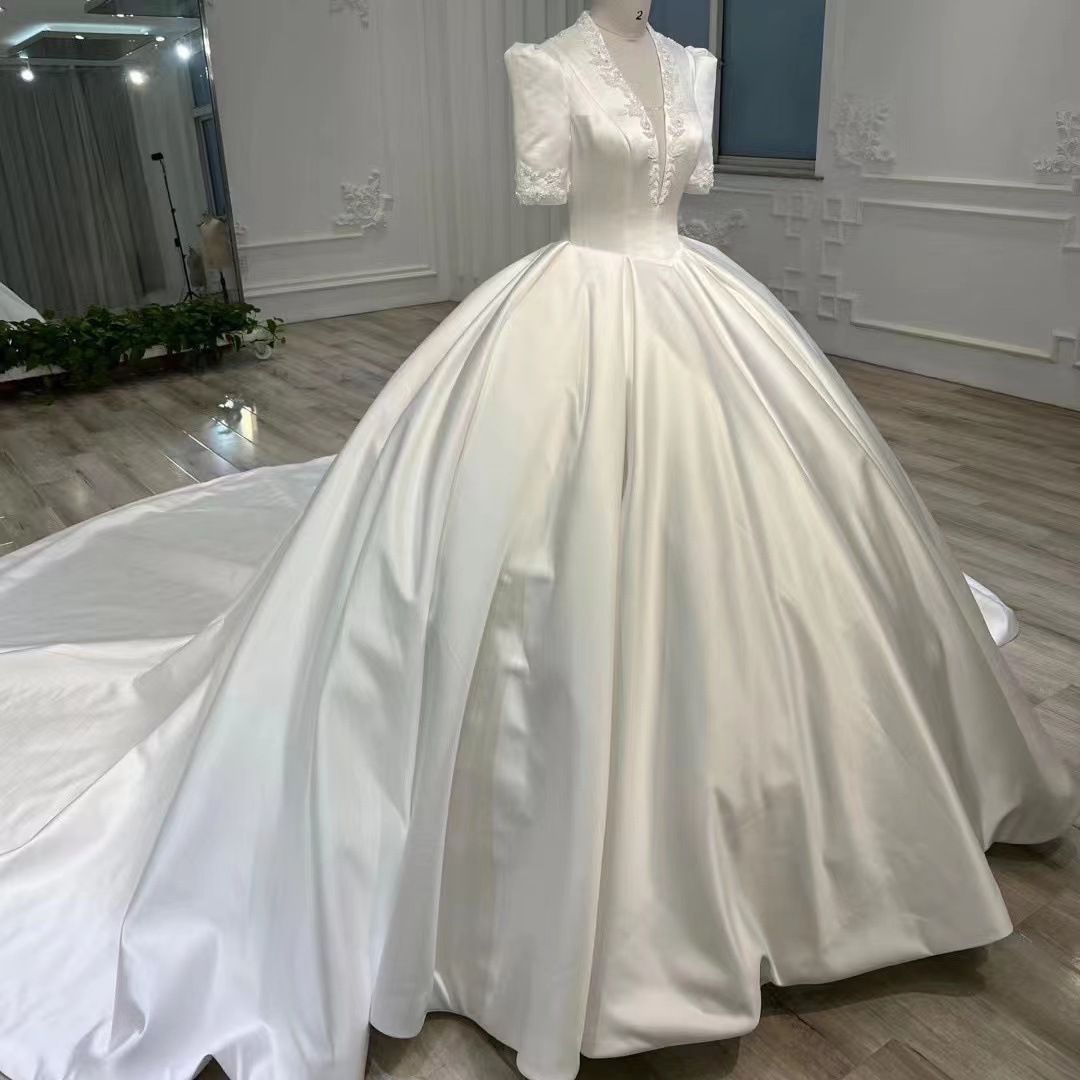White Bridal Dress,v-neck Wedding Dress,ball Gown Satin Wedding Dress,long Sleeve Bridal Dress,handmade