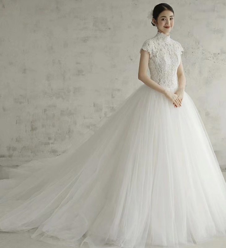 Bridal Princess Dress, Vintage Train Wedding Dress, Heavy Industry Wedding Dress, Senior Texture Light Bridal Dress, High Collar Middle East