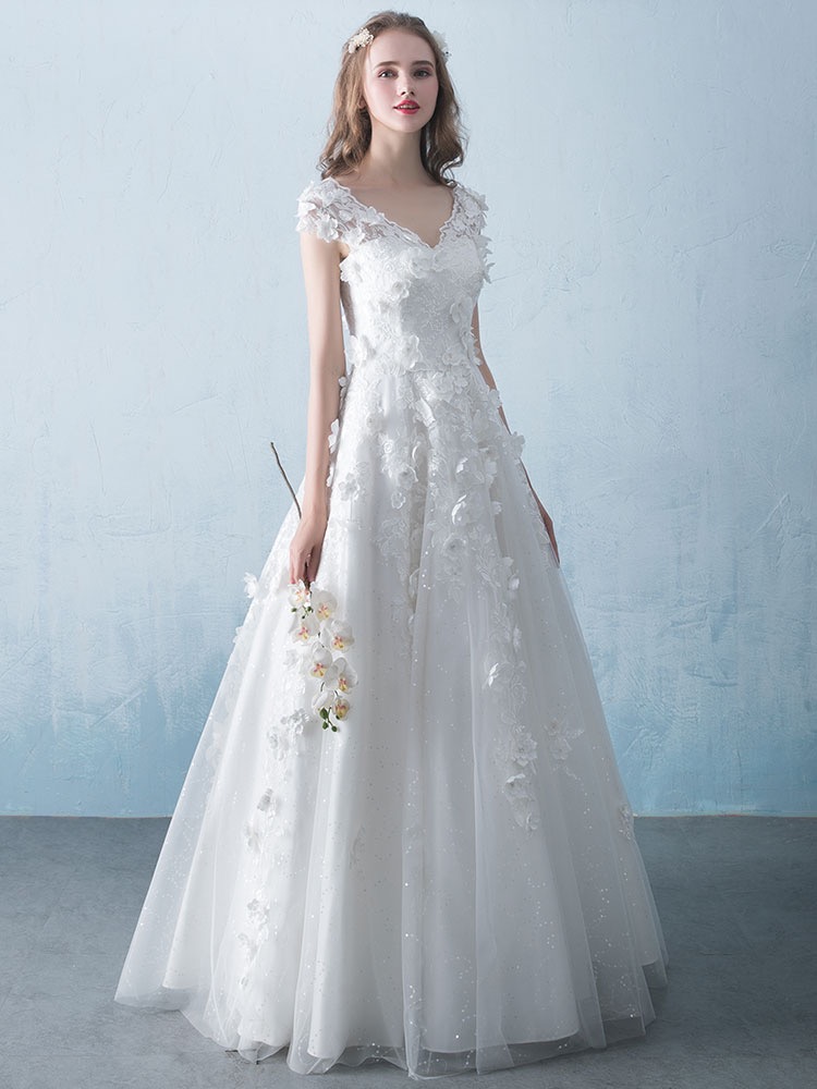 V-neck Wedding Dress,chic Wedding Dress,unique Bridal Dress With Applique ,handmade