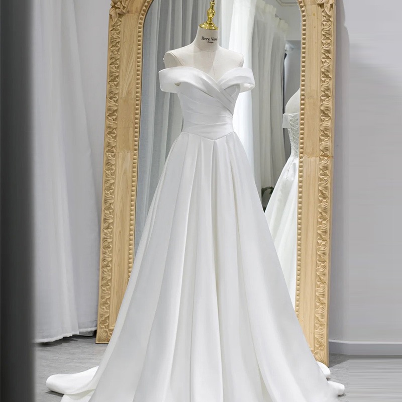 Off Shoulder Bridal Dress ,white Wedding Dress,satin Bridal Dress,handmade