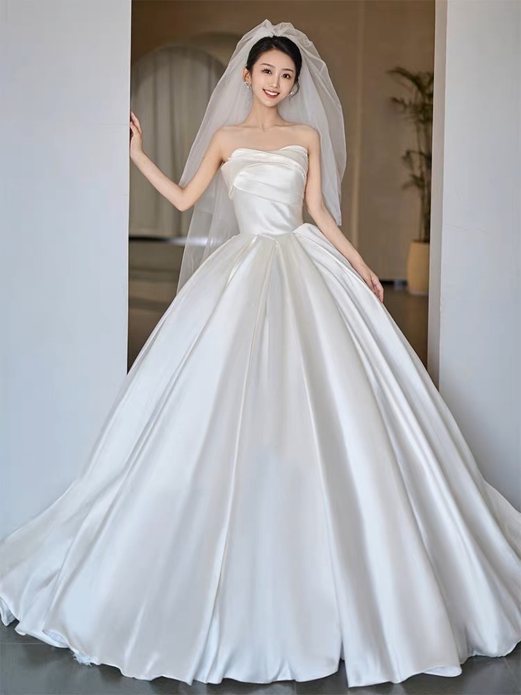 Strapless Bridal Dress, Light Simple Atmospheric Wedding Dress, Satin Ball Gown Wedding Dress,handmade
