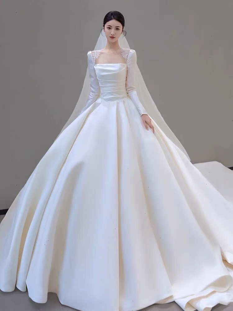 Long Sleeve Wedding Dress, Satin Light Wedding Dress, Bridal Dress, Train French Princess Dress,handmade