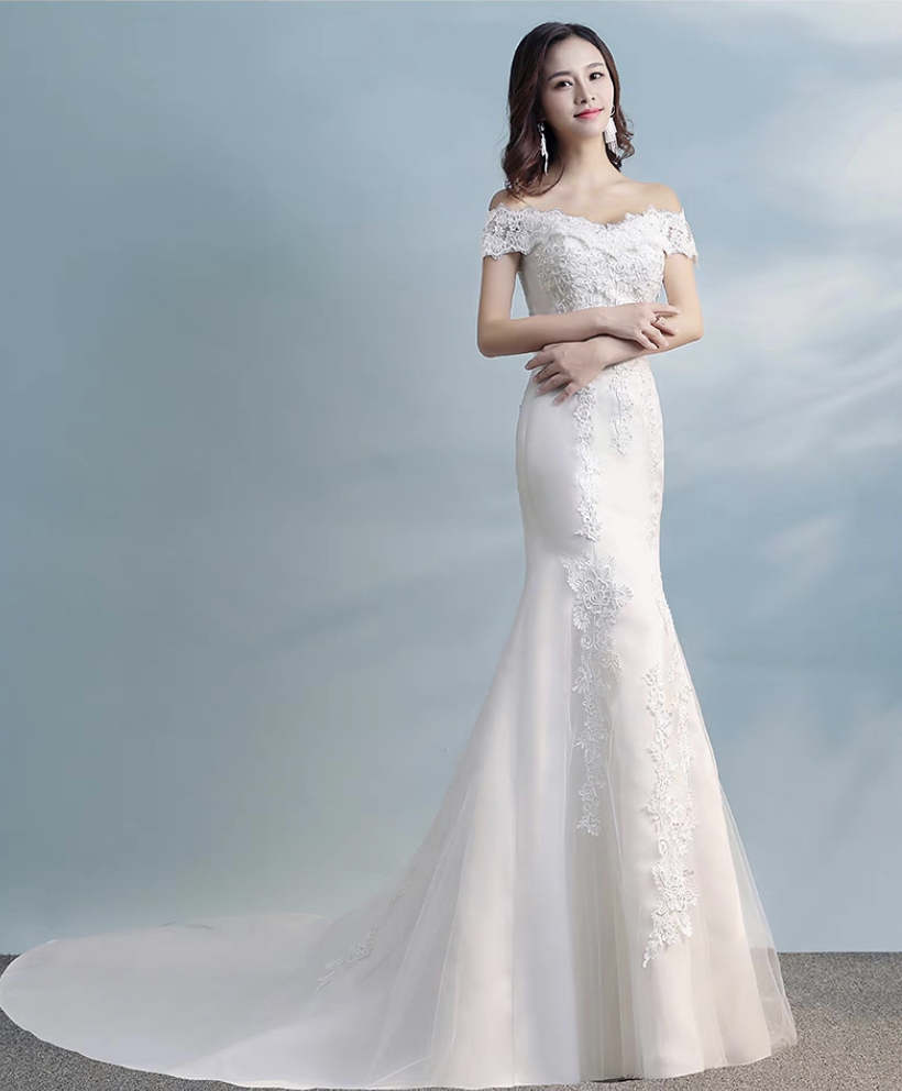 Tulle Wedding Dress, Bride Princess Dress, Off-shoulder Wedding Dress, Temperament Slim Mermaid Dress,handmade