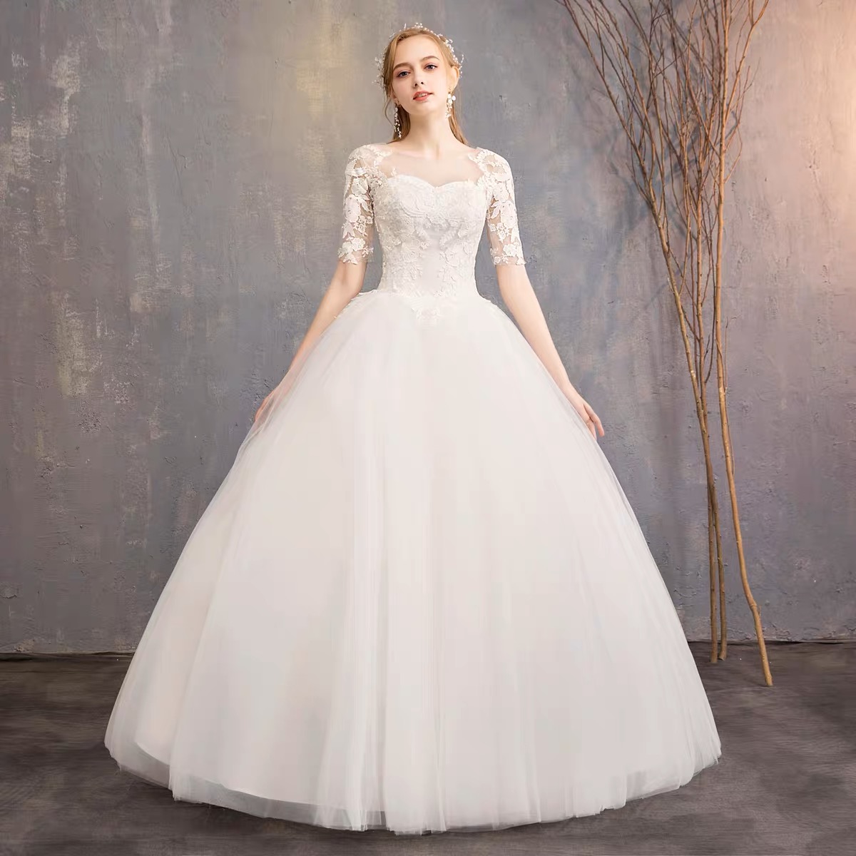 O-neck Bridal Dress,long Sleeve Wedding Dress,elegant Lace Wedding Dress,handmade