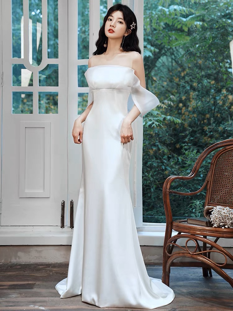 Satin Wedding Dress, Off Shoulder Bridal Dress, White Wedding Dress ,handmade