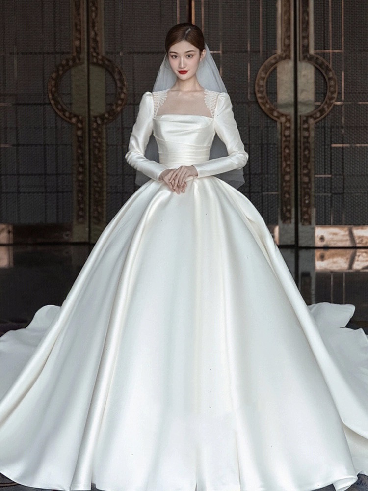 vintage satin long sleeve wedding dress Vintage Satin A-Line Bateau Neckline Long Sleeves Bridal Gown Wedding Dresses, Diamond White / 6