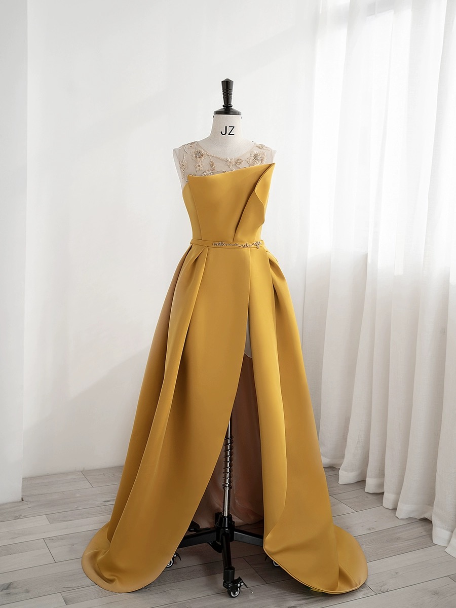 Elegant Yellow Satin Prom Dress, Haute Couture Party Dress, Split Sexy Bridal Dress,handmade