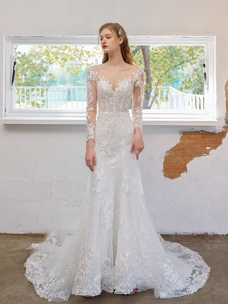 slim fit dress slacks Designer lace satin fit & flare wedding dress – Bela Bridal main image 1