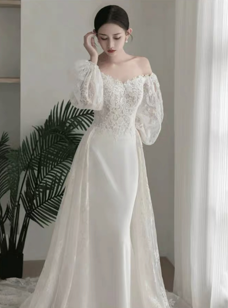 Tulle Wedding Dress, Long Sleeve Bridal Dress, Off-shoulder Wedding Dress, Fairy Bridal Dress,handmade