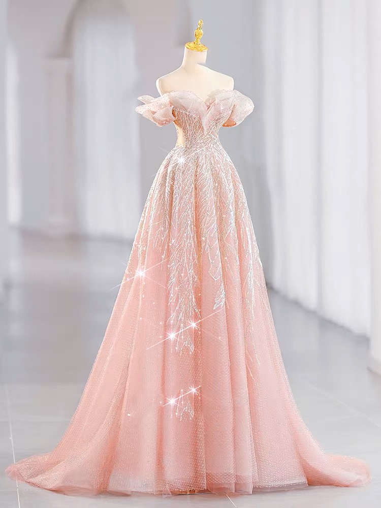 Fairy Pink Evening Dress, Princess Prom Dress, ,off Shoulder Party Dress, Light Luxury Bridal Dress,,handmade