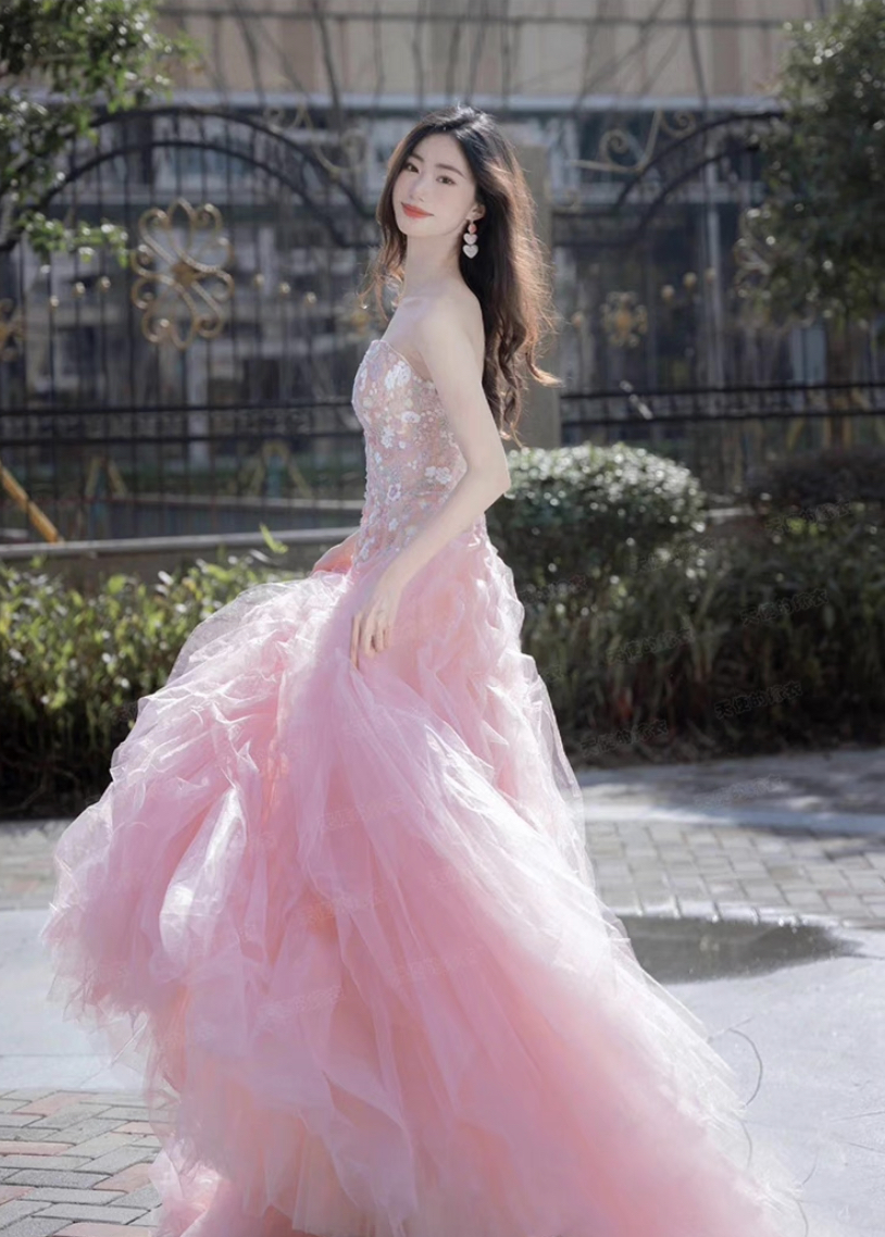 Pink Prom Dress, Floral Princess Dress, Strapless Birthday Dress, Cute Graduation Dress,handmade