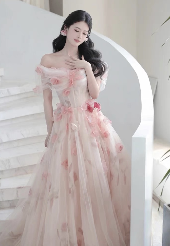 Off Shoulder Prom Dress, Fairy Evening Dress, Light Luxury Evening Dress, Floral Dress, Princess Wedding Dress,handmade