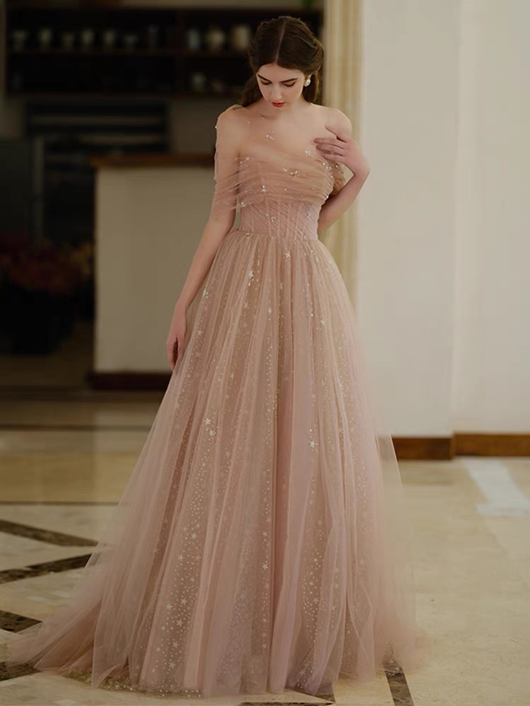 Fairy Prom Dress,champagne Off-shoulder Wedding Dress, Light Luxury Party Dress,handmade