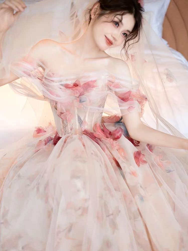 High Quality Evening Dress, Light Luxury Floral Dress, Off-shoulder Dress, Princess Party Dress,handmade