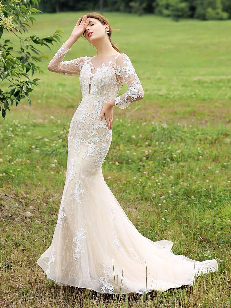 O-neck Bridal Dress, Luxury Wedding Dress Bridal Dress, Long Sleeve Wedding Dress,handmade
