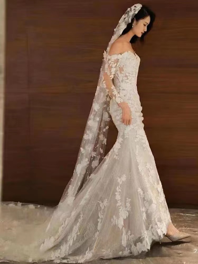 Off Shoulder Bridal Dress, Luxury Wedding Dress Bridal Dress, Long Sleeve Wedding Dress ,lace Mermaid Dress,handmade