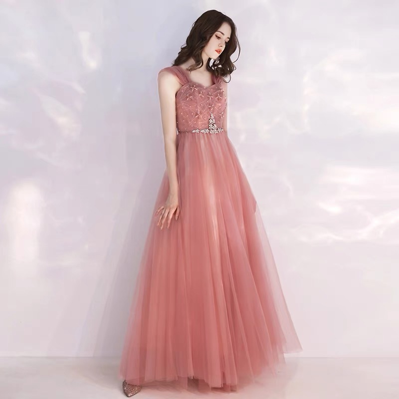 Spaghetti Strap Evening Dress, Pink Long Dress, Fairy Bridesmaid Dress,handmade