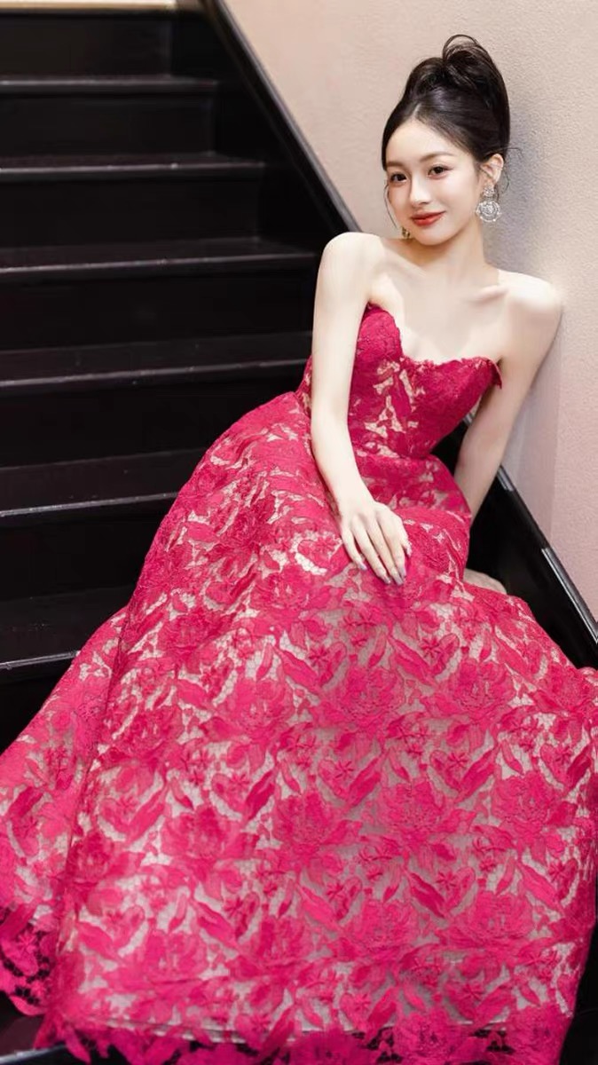 Stylish Party Dress, Rose Red Homecoming Dress,strapless Prom Dress,lace Midi Dress ,handmade