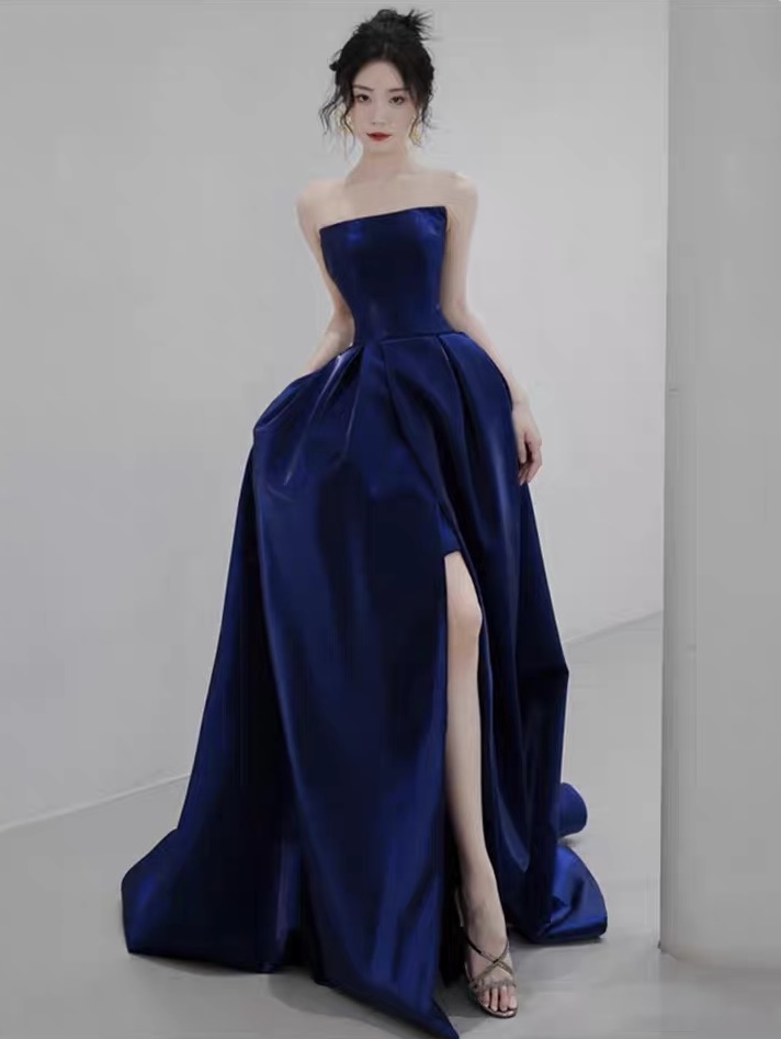 Blue Straps Satin Formal Party Dress with High Slit, DP2034