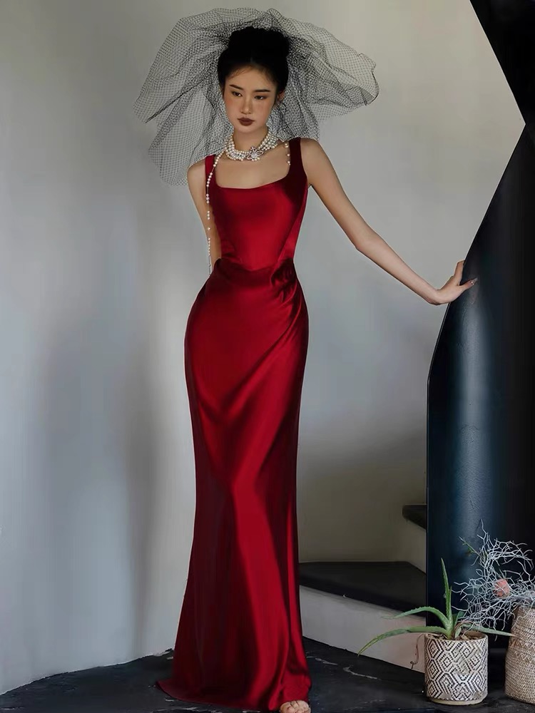 Sleevelss Bridal Dress,red Wedding Dress,a-line Evening Dress,satin Wedding Dress ,handmade