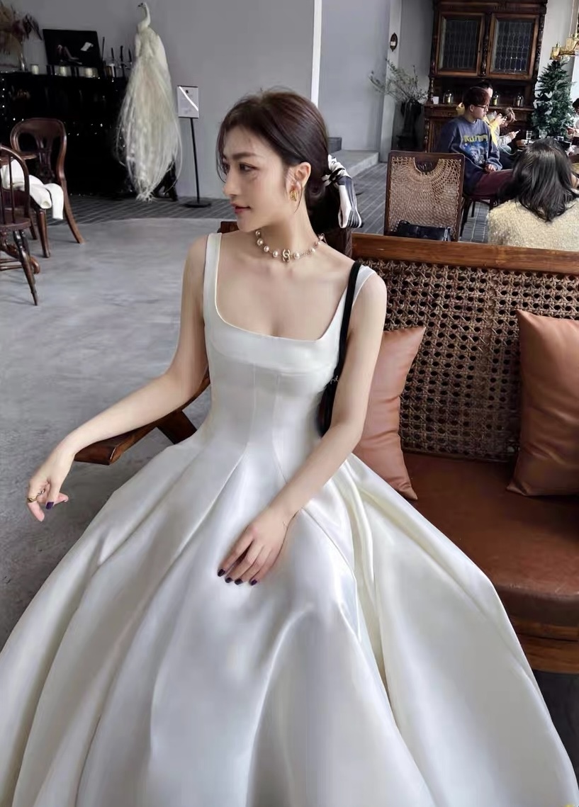 Spaghetti Strap Prom Dress,satin Evening Dress,white Wedding Dress ...