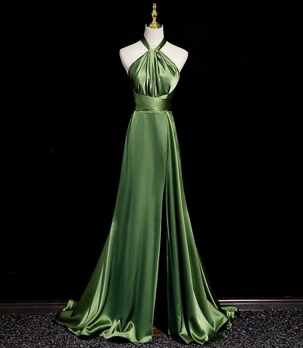 Halter Neck Prom Dress,satin Evening Dress,green Wedding Dress,sexy Bodycon Dress,backless Party Dress,handmade