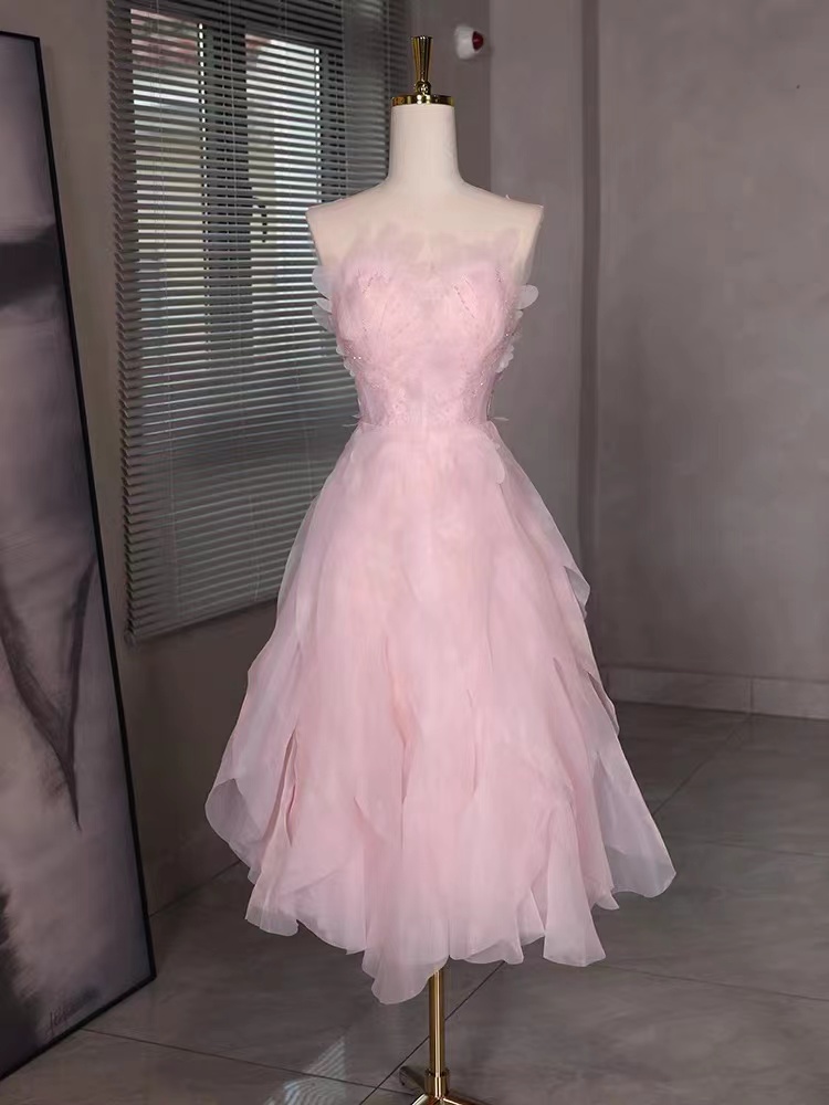 Vintage Pink Strapless Tulle Ribbon Fairy Elegant Prom Dress
