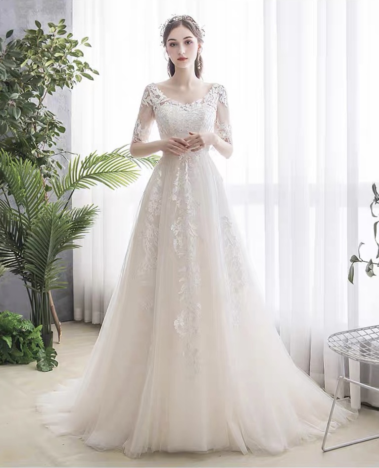 O-neck Prom Dress,tulle Bridal Dress,white Wedding Dress,elegant Long Sleeve Wedding Dress,handmade