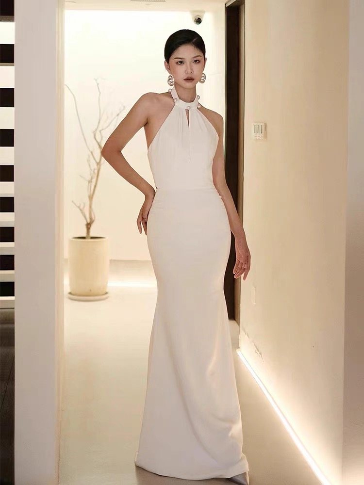 Halter Neck Prom Dress,satin Evening Dress,white Wedding Dress,sexy Bodycon Dress,handmade