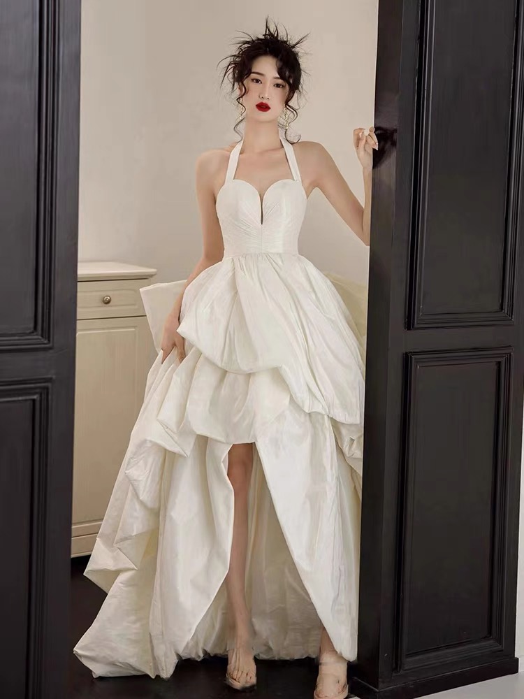 Spaghetti Strap Prom Dress,satin Evening Dress,white Wedding Dress,sexy High Low Dress,handmade