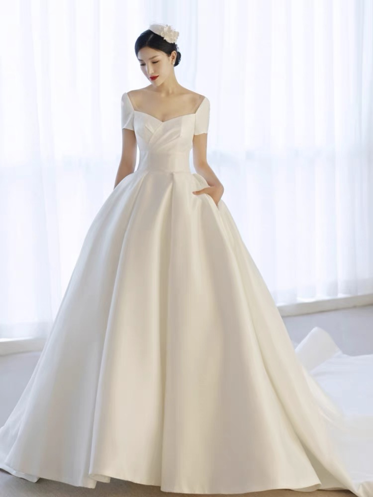 French Satin Wedding Dress, Square Collar High Quality Big Train Wedding Dress, Off Shoulder Bridal Dress,handmade