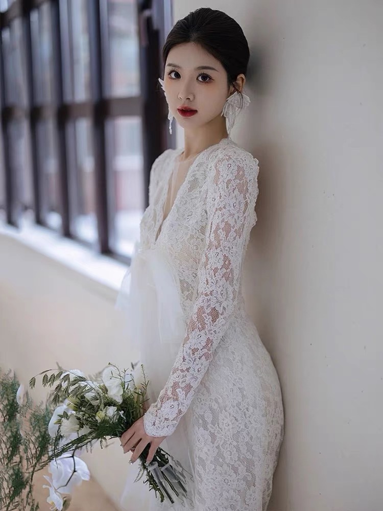 Long Sleeve Wedding Dress,tulle Bridal Dress,white Wedding Dress,lace Wedding Dress,handmade