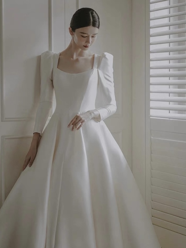 Long Sleeve Wedding Dress, Square Collar High Quality Wedding Dress, Elegant Bridal Dress,handmade