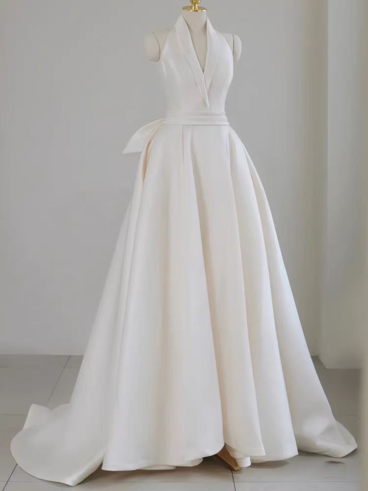 Halter Neck Wedding Dress,satin Bridal Dress,white Wedding Dress,sexy Wedding Dress,handmade