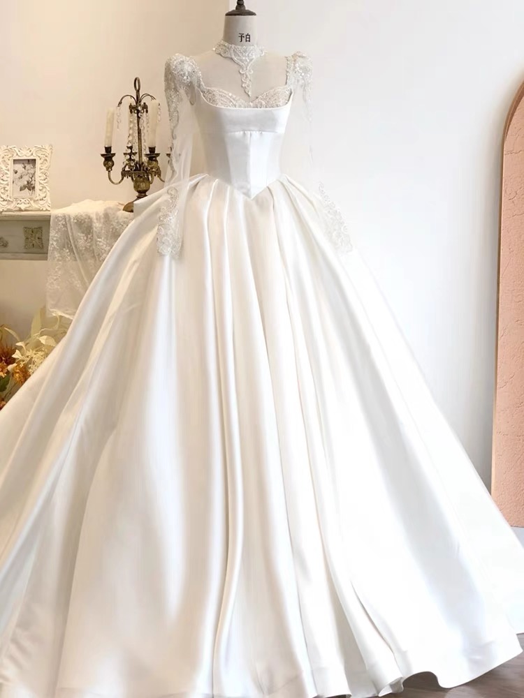 Long Sleeve Wedding Dress, Square Collar High Quality Wedding Dress, Luxury Bridal Dress,handmade