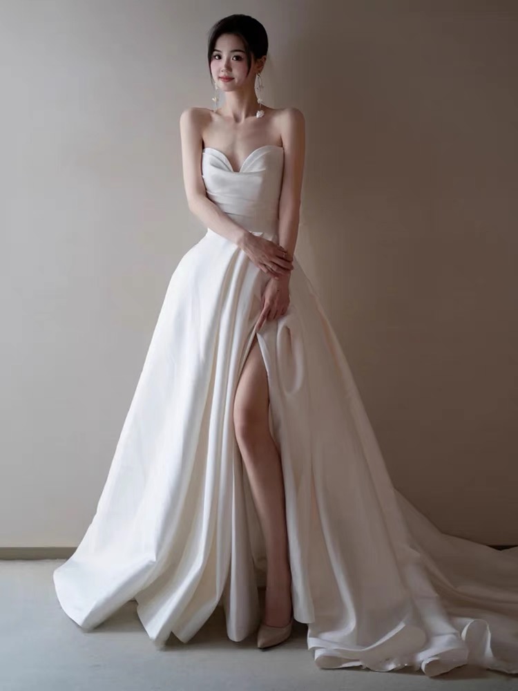 Strapless Bridal Dress,white Wedding Dress,slit Bridal Dress,sexy Wedding Dress,handmade