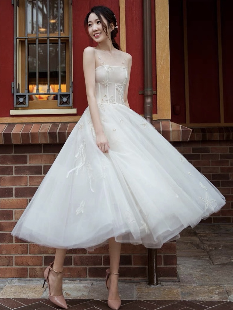 Sleeveless Bridal Dress,light Wedding Dress, ,short Simple Wedding Dress, Fairy Long Pompadour Dress,handmade