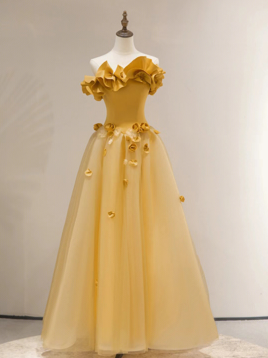 Strapless Bridal Dress,yellow Wedding Dress, Unique Bridal Dress,chic Prom Dress,handmade