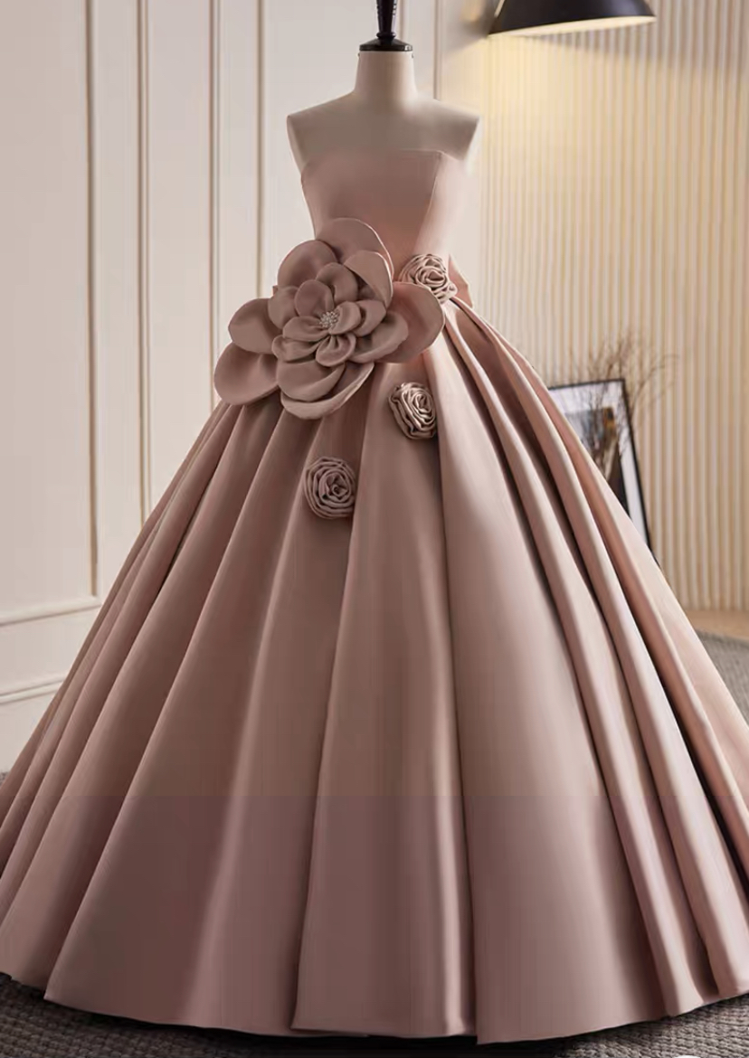 Pink Haute Couture Evening Dress, Satin Prom Dress,chic Bridal Dress, Floral Pommel Quinceanera Dress,handmade