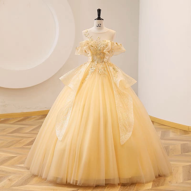 Champagne Party Dresss, Off-shoulder Wedding Dress,sequin Ball Gown Dress, Luxurious Quinceanera Dress ,handmade
