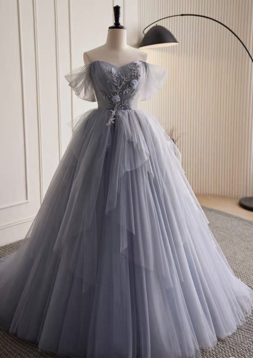 Off Shoulder Ruffles Pleated Gray Blue Bridesmaid Dress BD137