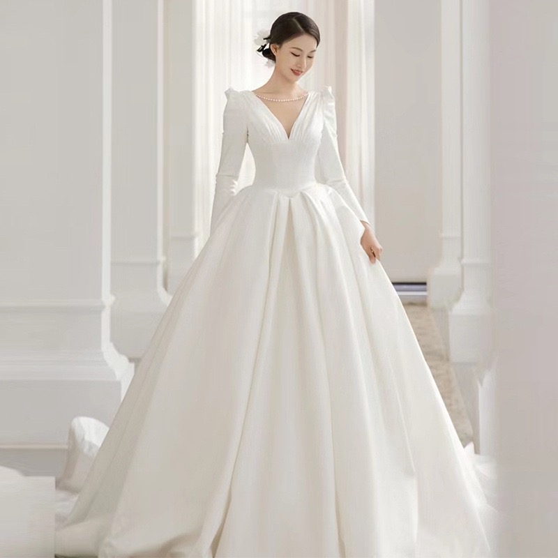 Satin Bridal Dress,long Sleeve Wedding Dress,noble Bridal Dress,handmade