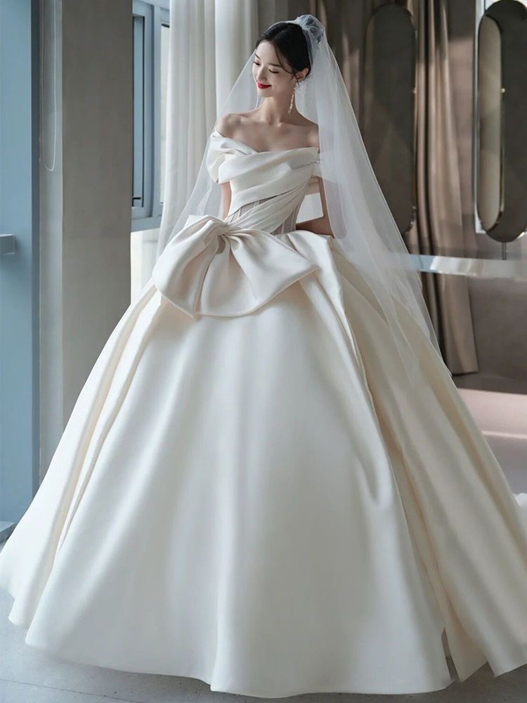 Satin Bridal Dress， Off Shoulder Wedding Dress, Long Train Bridal Dress, Texture Light Wedding Dress,handmade