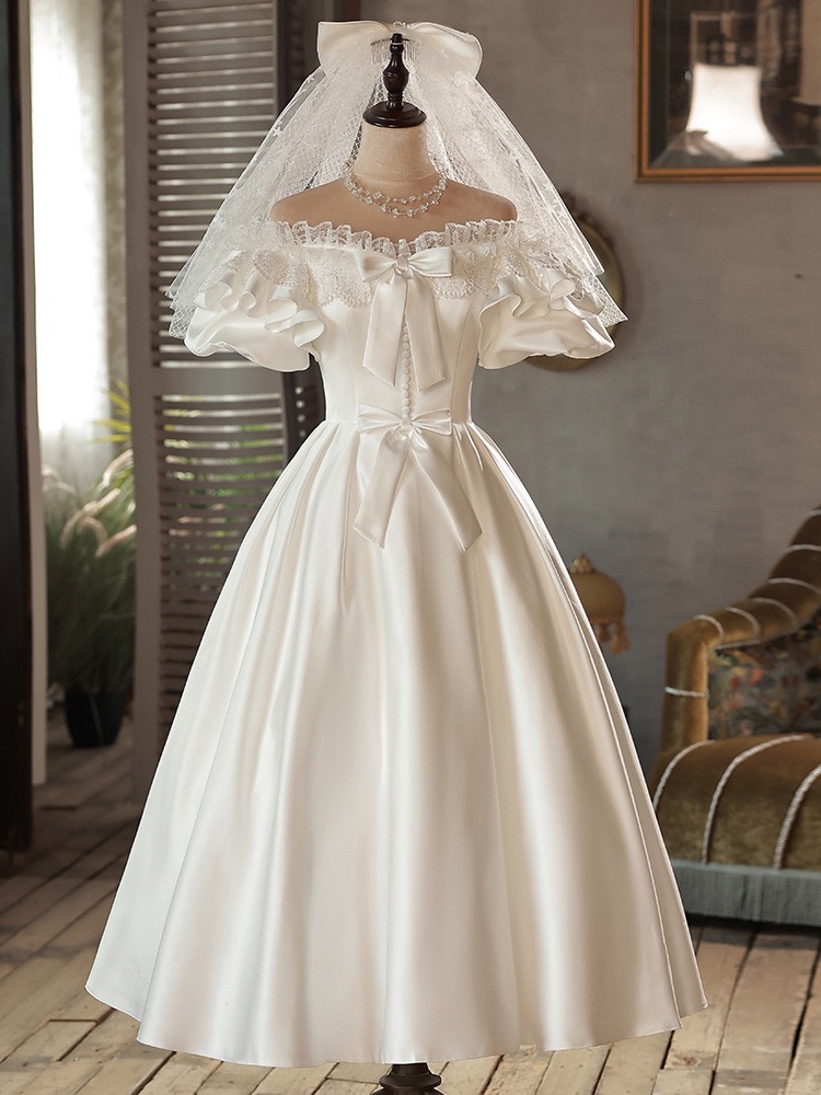 Cute Wedding Dress, Saitn Bridal Dress, Off Shoulder Wedding Dress, Sweet Simple Bridal Dress,handmade